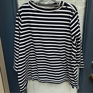 Talbots 3X navy white striped 3/4 sleeves buttons 100% cotton nautical blouse